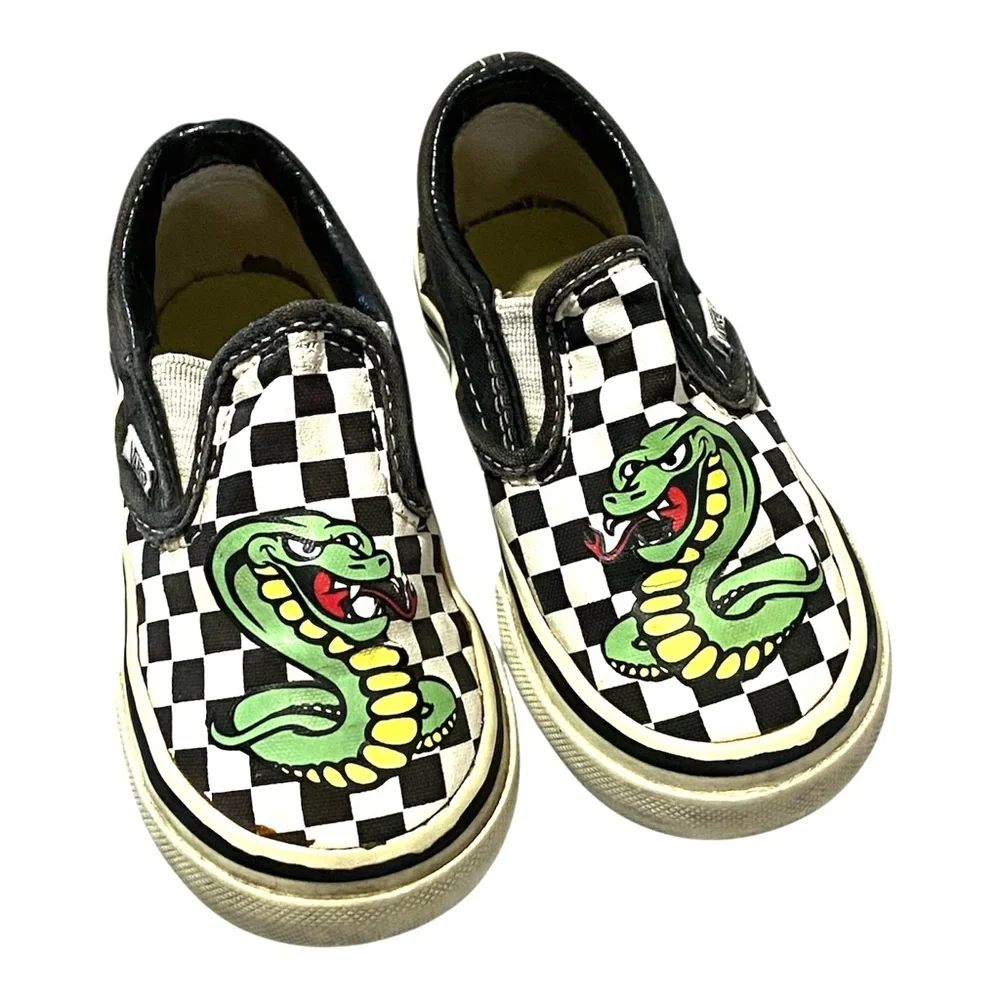 Vintage Vans Checkerboard Slip On Sneakers Toddler Size 6.5 Custom Snake Graphic